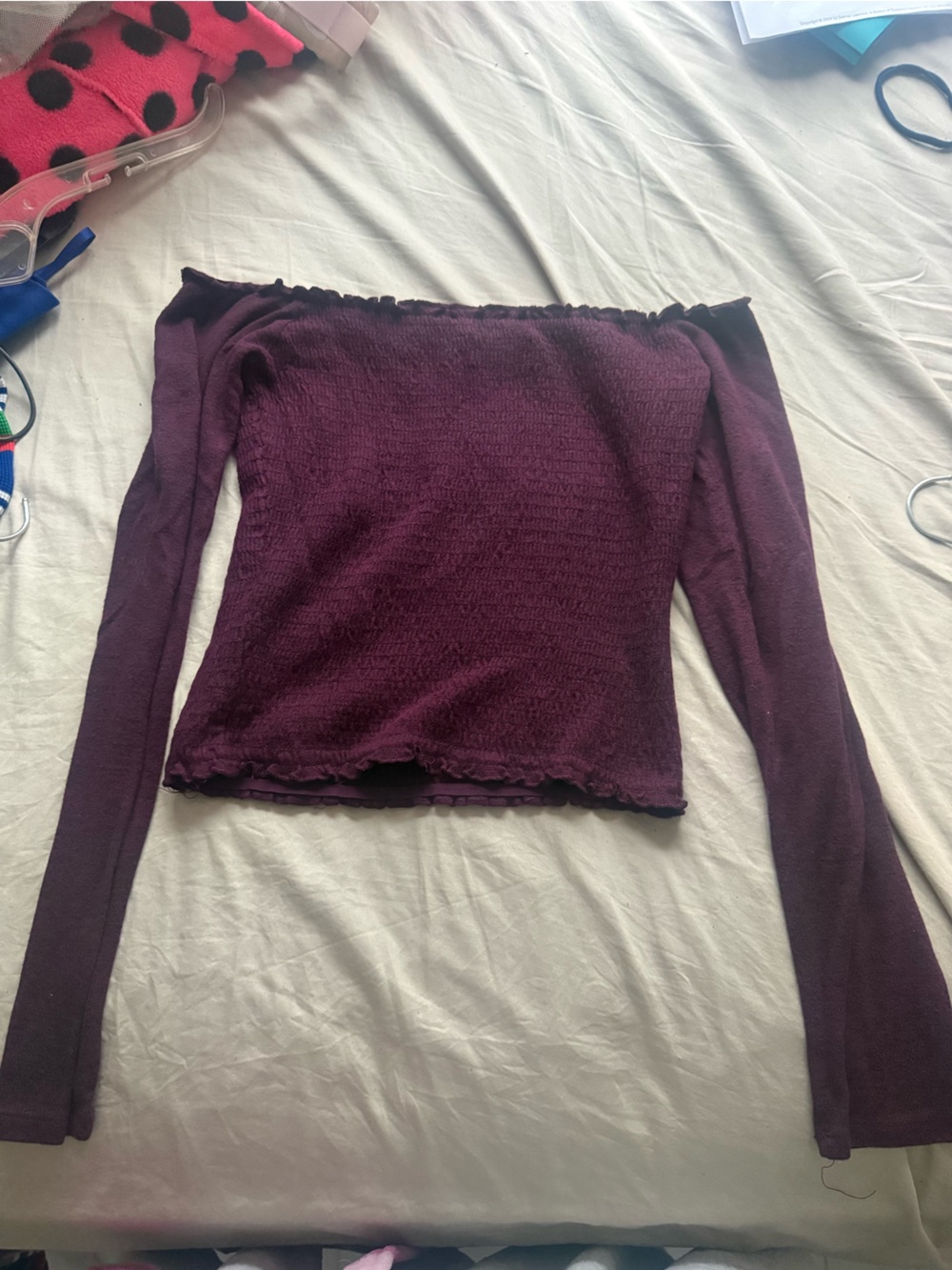 Hollister Off-Shoulder Long Sleeve Sweater Top in Deep Burgundy